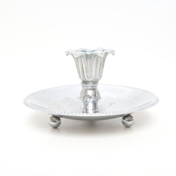 Vintage Silver Plated Chamberstick Embossed Floral Circular Drip Pan Beaded Edge - Picture 3 of 9